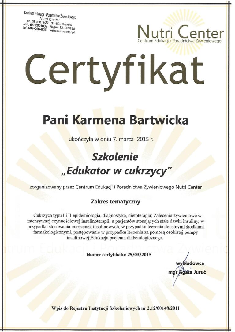 Certyfikat Edukator w cukrzycy Karmena Łasicka