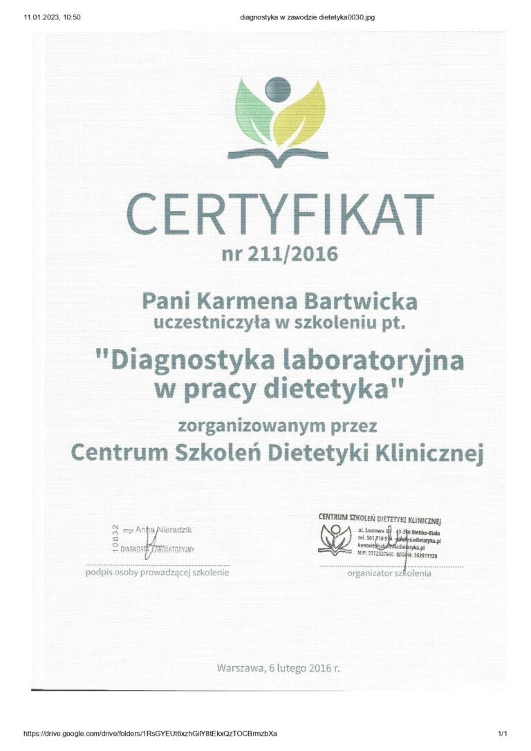 Certyfikat Karmena Łasicka Diagnostyka w zawodzie dietetyka