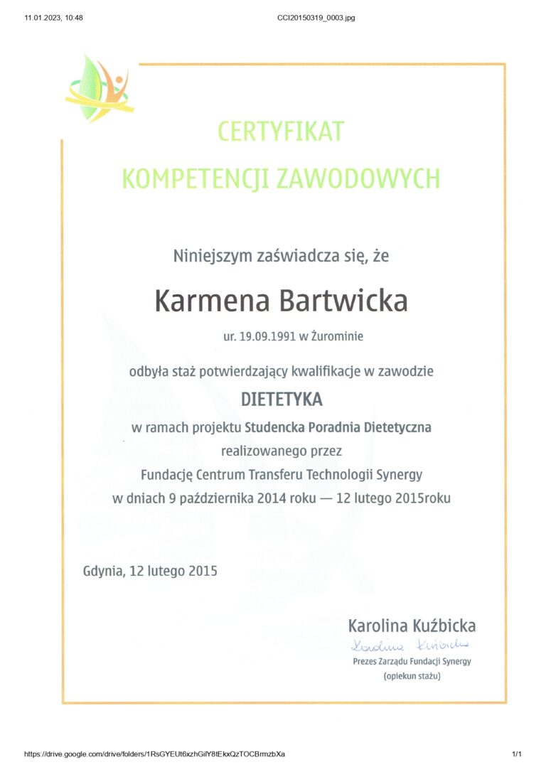 Certyfikat Karmena Łasicka Dietetyk staż