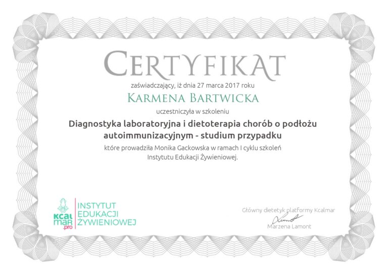 Certyfikat Karmena Łasicka choroby autoimmunologiczne