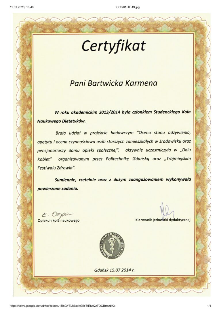 Certyfikat Koło studentów dietetyki Karmena Łasicka