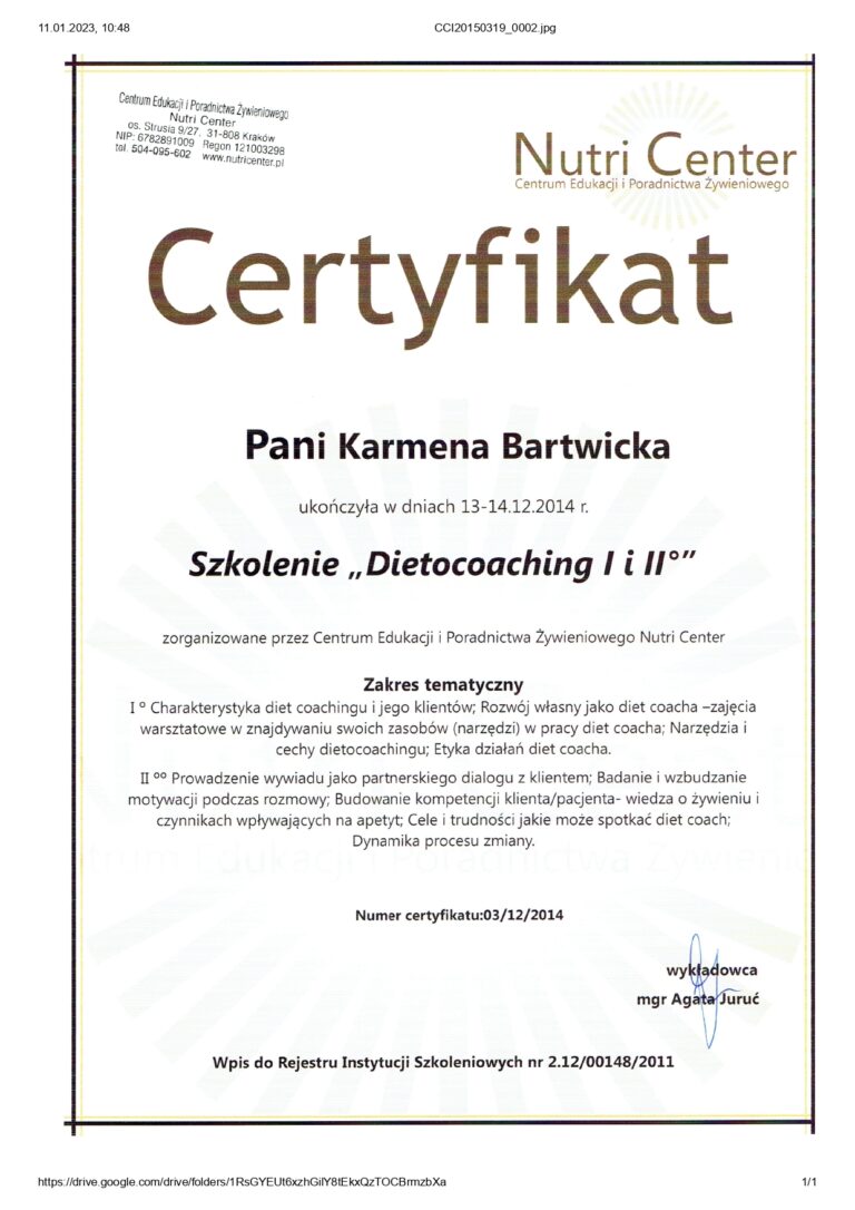 Certyfikat dietocoaching Karmena Łasicka